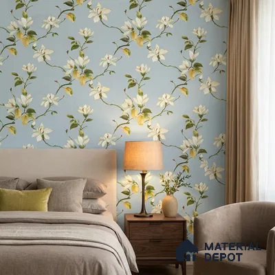 170-25 | Powder Blue White Magnolia Floral Wallpaper - 9.6 Meter x 20.87 Inches, 54.77 Sq. Ft. (Min. 15% Wastage)