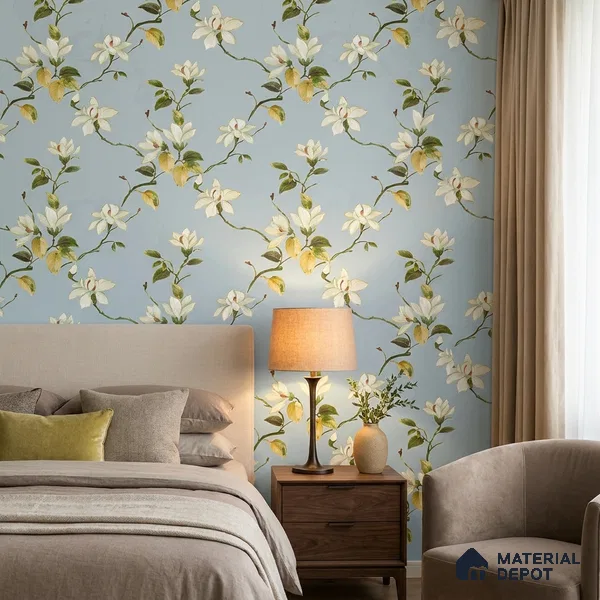 170-25 | Powder Blue White Magnolia Floral Wallpaper - 9.6 Meter x 20.87 Inches, 54.77 Sq. Ft. (Min. 15% Wastage)