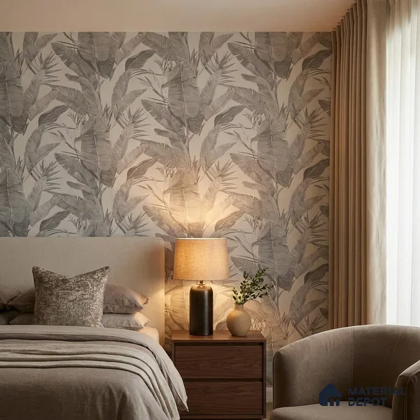 170-6 | Silver Large Banana Leaf Floral Wallpaper - 9.6 Meter x 20.87 Inches, 54.77 Sq. Ft. (Min. 15% Wastage)