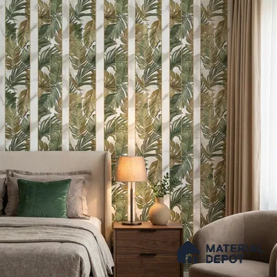170-11 | Olive Palm Marble Panel Floral Wallpaper - 9.6 Meter x 20.87 Inches, 54.77 Sq. Ft. (Min. 15% Wastage)