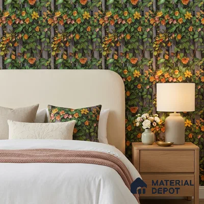 170-52 | Orange Blossom Grey Fence Floral Wallpaper - 9.6 Meter x 20.87 Inches, 54.77 Sq. Ft. (Min. 15% Wastage)