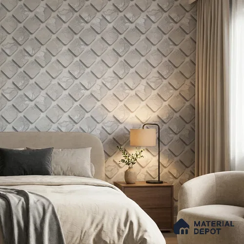 WP-1439 | White 3D Diamond Tile Patterned Wallpaper - 9.5 Meter x 21 Inches, 54 Sq. Ft. (Min. 15% Wastage)