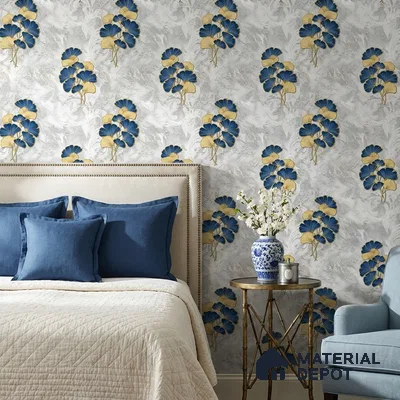 8024 | Navy and Gold Ginkgo Floral Wallpaper - 10 Meter x 21 Inches, 57.41 Sq. Ft.
