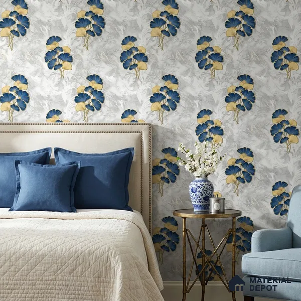 8024 | Navy and Gold Ginkgo Floral Wallpaper - 10 Meter x 21 Inches, 57.41 Sq. Ft.