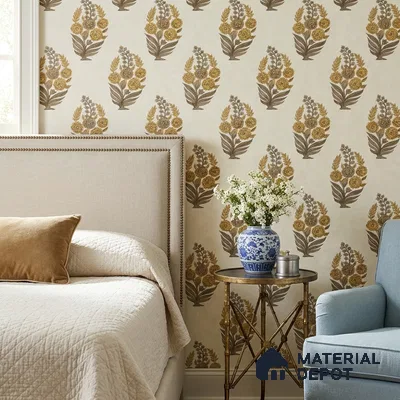 8032 | Cream & Gold Floral Bouquet Motif Patterned Wallpaper - 10 Meter x 21 Inches, 57.41 Sq. Ft.