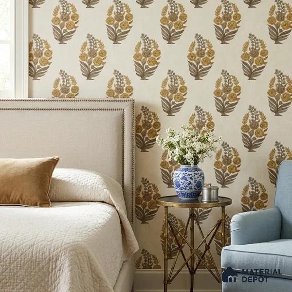 8032 | Cream & Gold Floral Bouquet Motif Patterned Wallpaper - 10 Meter x 21 Inches, 57.41 Sq. Ft.