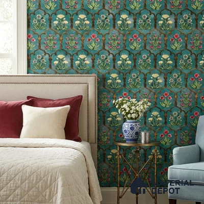 8052 | Teal Arch Flowers Floral Wallpaper - 10 Meter x 21 Inches, 57.41 Sq. Ft.