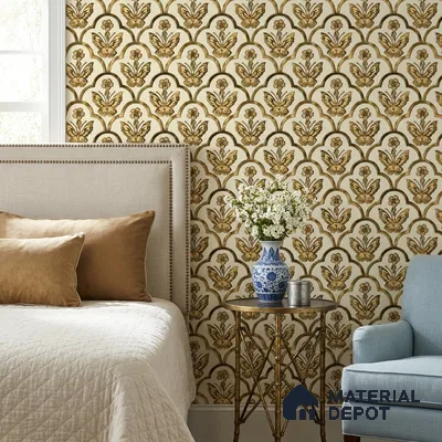 8056 | Gold & Cream Butterfly Scallop Patterned Wallpaper - 10 Meter x 21 Inches, 57.41 Sq. Ft.