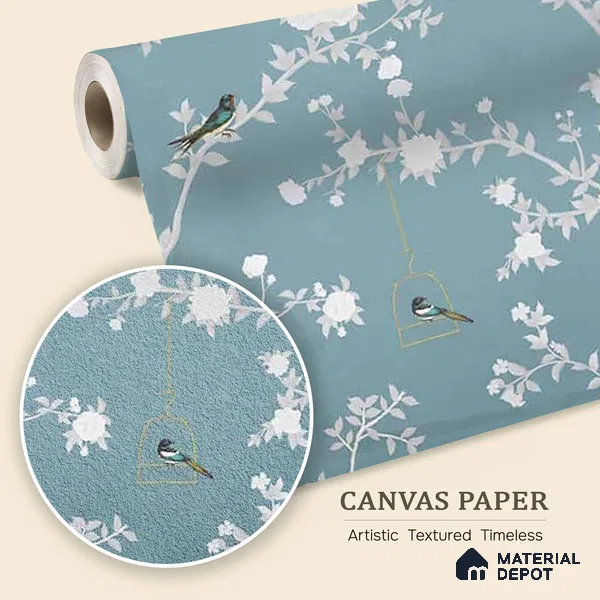 Aura in the Garden Blue Chinoiserie Wallpaper Sukoon Series Canvas Chinoserie Design (Customised Size Wallpaper)