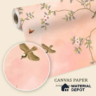 Blossom, Peach Chinoiserie Wallpaper, Customised Sukoon Series Canvas Chinoserie Design (Customised Size Wallpaper)