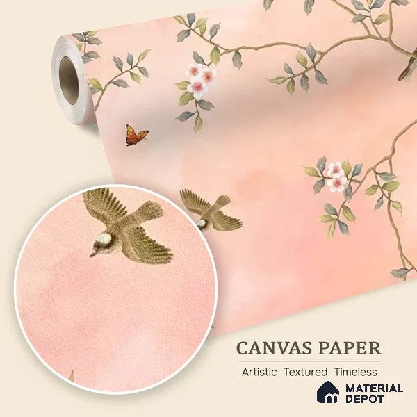 Blossom, Peach Chinoiserie Wallpaper, Customised Sukoon Series Canvas Chinoserie Design (Customised Size Wallpaper)