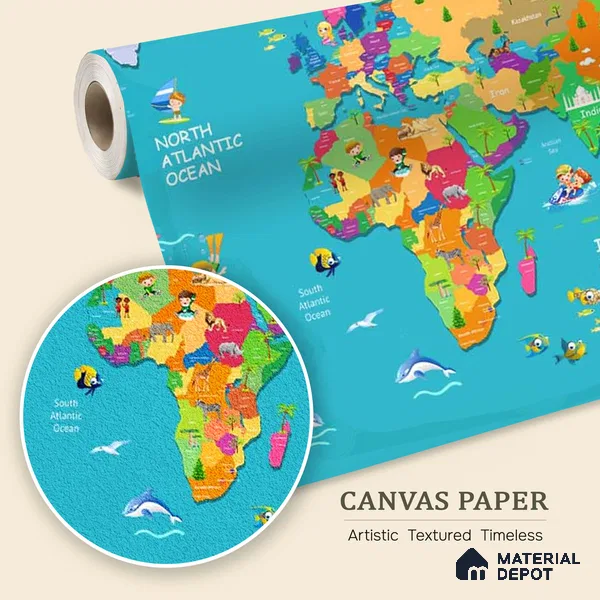 Blue Colourful World Map for Kids Room Walls Sparkla N Shine Series Canvas Map Design (Customised Size Wallpaper)