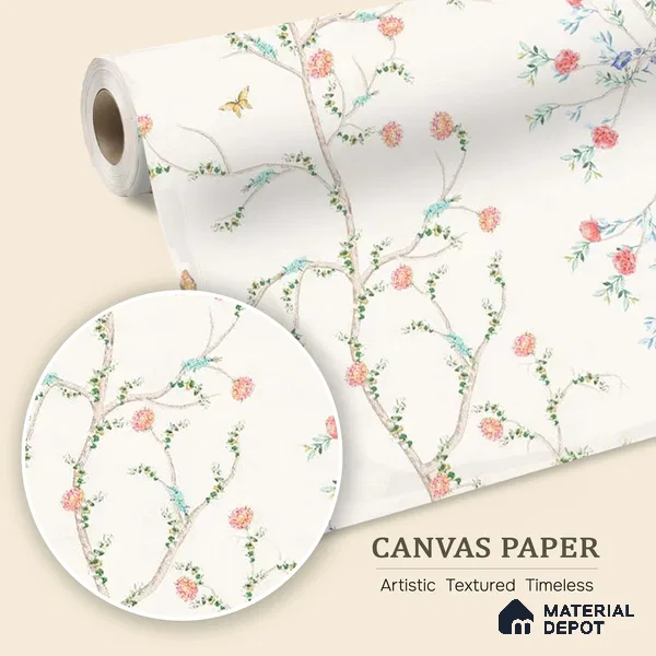 Chinoiserie Tranquility, Wallpaper in Light Background, Customised Sukoon Series Canvas Chinoserie Design (Customised Size Wallpaper)