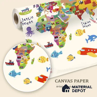 Cute World Map for Kids Room, Young Kids Bedroom Wallpapers Sparkla N Shine Series Canvas Map Design (Customised Size Wallpaper)
