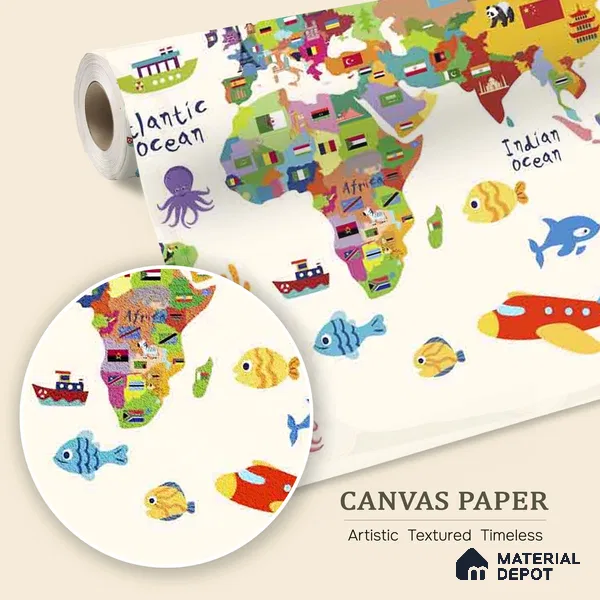 Cute World Map for Kids Room, Young Kids Bedroom Wallpapers Sparkla N Shine Series Canvas Map Design (Customised Size Wallpaper)