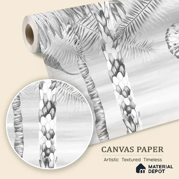 Ehsaas | Grey & White Palm Leaf Botanical Look Wallpaper Canvas (Customised Size)