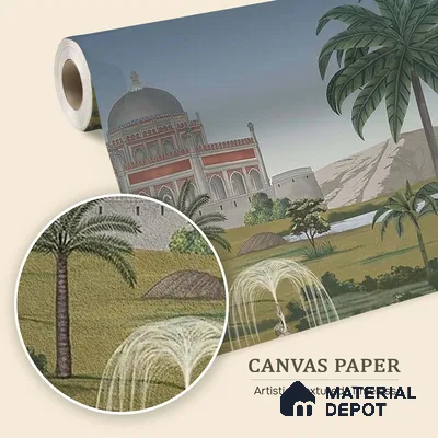 Fitorr | Sage Green Palace Garden Fountain Scenic Look Wallpaper Canvas (Customised Size)