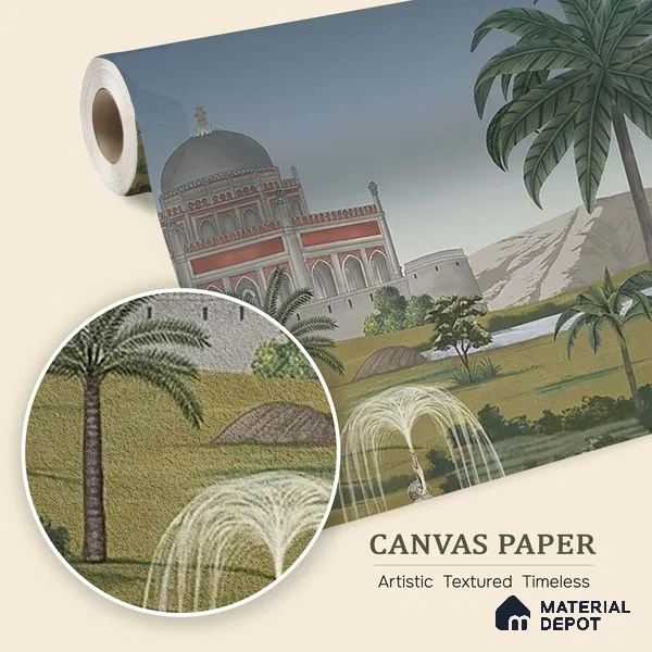 Fitorr | Sage Green Palace Garden Fountain Scenic Look Wallpaper Canvas (Customised Size)