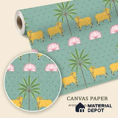 Indian Pichwai Green Wallpaper for Rooms, Customised Sukoon Series Canvas Patterned Design (Customised Size Wallpaper)