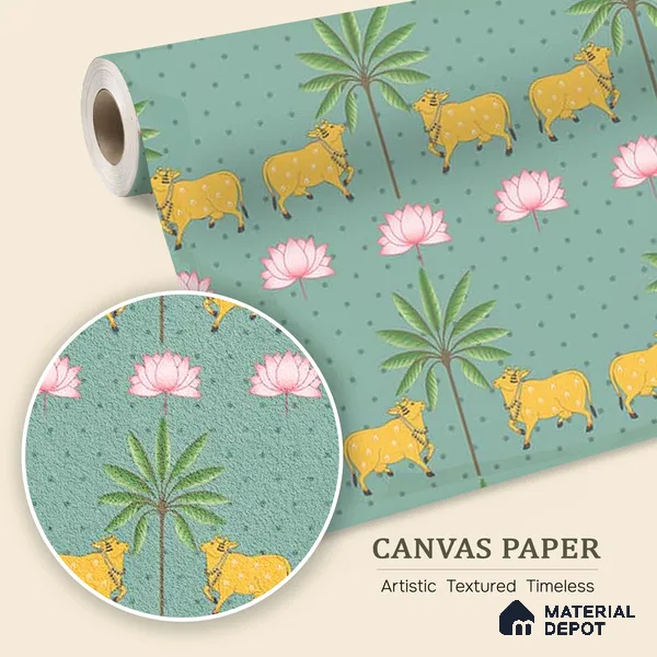 Indian Pichwai Green Wallpaper for Rooms, Customised Sukoon Series Canvas Patterned Design (Customised Size Wallpaper)