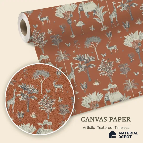H900512 Itihaas | Rust Orange Tree Deer Botanical Look Wallpaper Canvas (Customised Size)