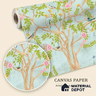 Jannat: Chinoiserie Floral Theme Wallpaper Sukoon Series Canvas Chinoserie Design (Customised Size Wallpaper)