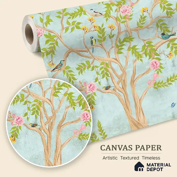 Jannat: Chinoiserie Floral Theme Wallpaper Sukoon Series Canvas Chinoserie Design (Customised Size Wallpaper)