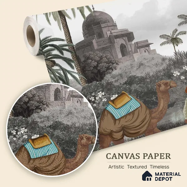 Jodhpur | Charcoal Grey Camel Palace Scene Scenic Look Wallpaper Canvas (Customised Size)