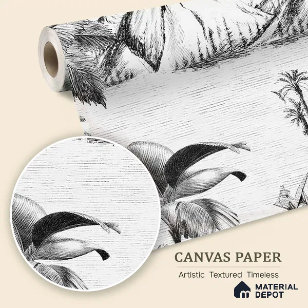 Khoob, Tropical Trees Black and White Wallpaper Sukoon Series Canvas Tropical Design (Customised Size Wallpaper)