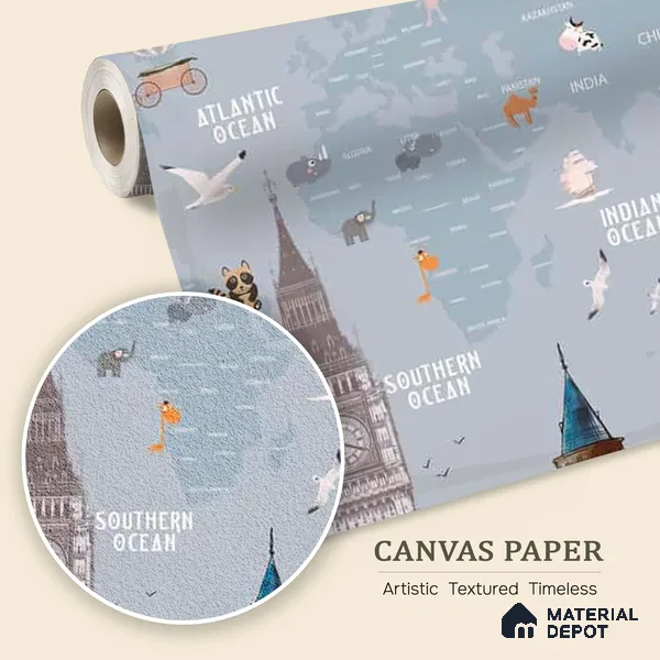 Kids World Map with Monuments, Customised Wallpaper Sparkla N Shine Series Canvas Entertainment Design (Customised Size Wallpaper)