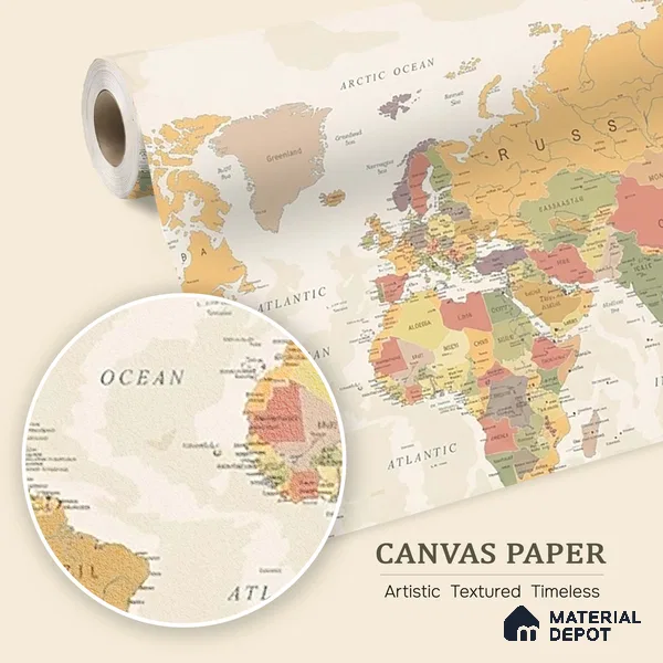 Large World Map Wallpaper, Pastel Shades, Customised Sparkla N Shine Series Canvas Map Design (Customised Size Wallpaper)