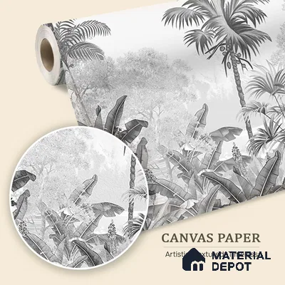 Monochrome Palm haven Wallpaper for Walls Sukoon Series Canvas Nature Design (Customised Size Wallpaper)
