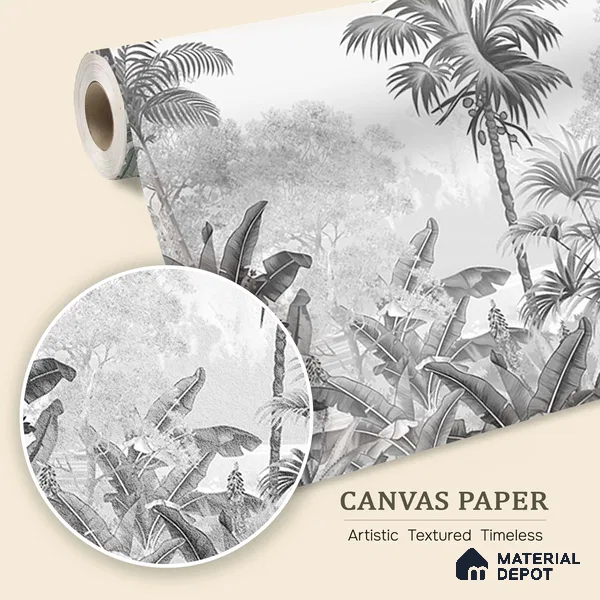 Monochrome Palm haven Wallpaper for Walls Sukoon Series Canvas Nature Design (Customised Size Wallpaper)