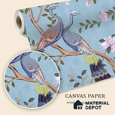 Morni, Peacock and Flowers Chinoiserie Design for Walls, Blue Sukoon Series Canvas Chinoserie Design (Customised Size Wallpaper)