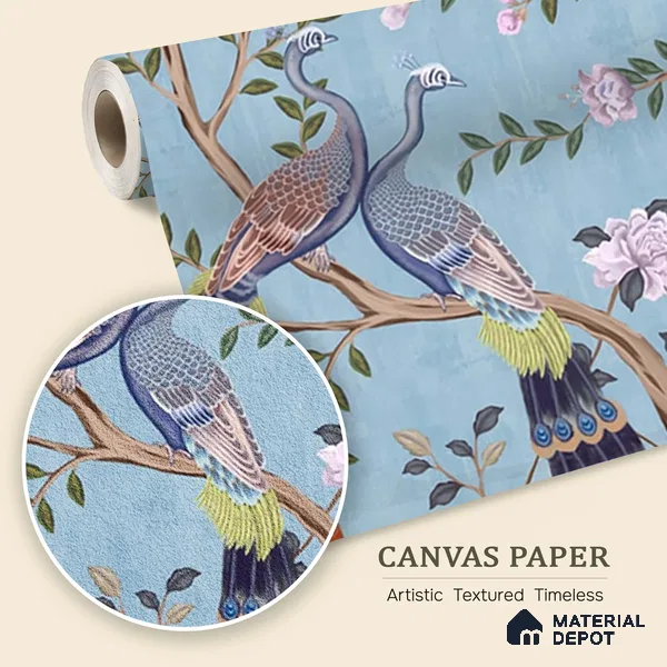 Morni, Peacock and Flowers Chinoiserie Design for Walls, Blue Sukoon Series Canvas Chinoserie Design (Customised Size Wallpaper)