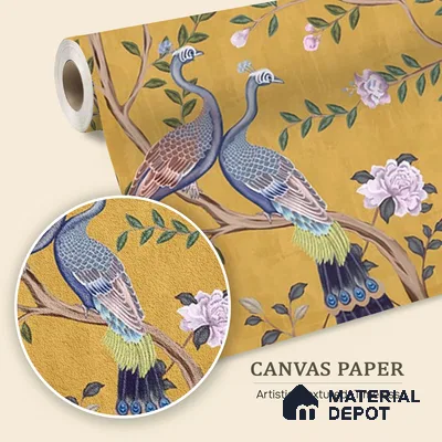Morni, Peacock and Flowers Chinoiserie Design for Walls, Yellow Sukoon Series Canvas Chinoserie Design (Customised Size Wallpaper)