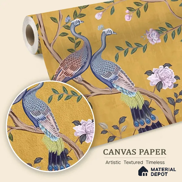 Morni, Peacock and Flowers Chinoiserie Design for Walls, Yellow Sukoon Series Canvas Chinoserie Design (Customised Size Wallpaper)