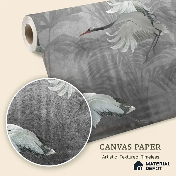 Musafir Beautiful Cranes Grey | Charcoal Grey Crane Birds Scenic Look Wallpaper Canvas (Customised Size)