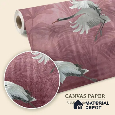 Musafir Beautiful Cranes Maroon | Dusty Mauve Crane Birds Scenic Look Wallpaper Canvas (Customised Size)