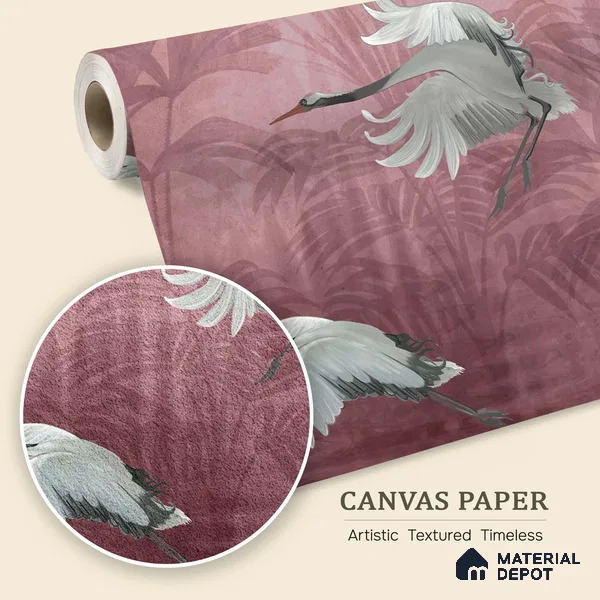 Musafir Beautiful Cranes Maroon | Dusty Mauve Crane Birds Scenic Look Wallpaper Canvas (Customised Size)