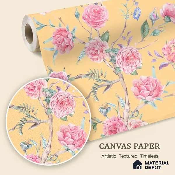 Oriental Yellow Chinoiserie Wallpaper for Walls Sukoon Series Canvas Chinoserie Design (Customised Size Wallpaper)