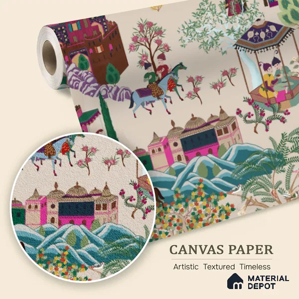 Pashmina | Multicolour Bright Village Palace Scene Scenic Look Wallpaper Canvas (Customised Size)
