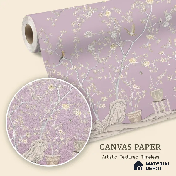 Phoolbagh, Beautiful Chinoiserie Wallpaper Sukoon Series Canvas Chinoserie Design (Customised Size Wallpaper)