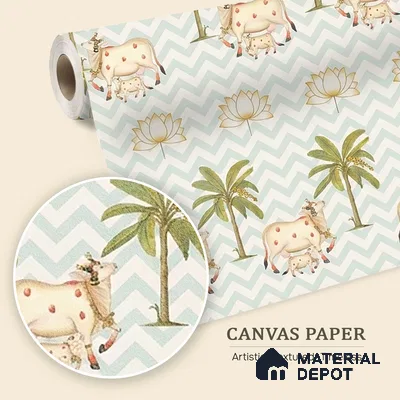 H902612 Pichwai Cows in Chevron Pattern Wallpaper Sukoon Series Canvas Patterned Design (Customised Size Wallpaper)