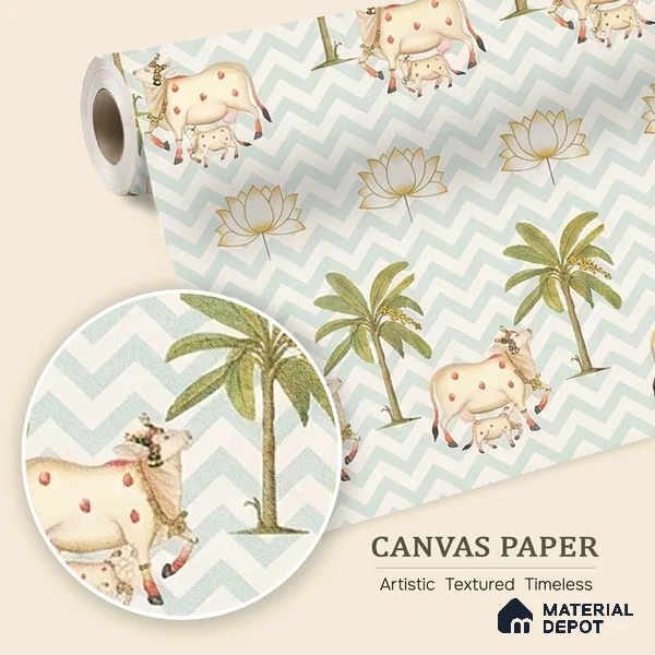 H902612 Pichwai Cows in Chevron Pattern Wallpaper Sukoon Series Canvas Patterned Design (Customised Size Wallpaper)