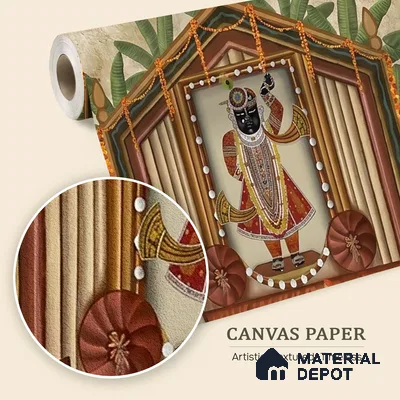 Shrinathji Pichwai | Warm Beige Krishna Shrine Pichwai Traditional Look Wallpaper Canvas (Customised Size)