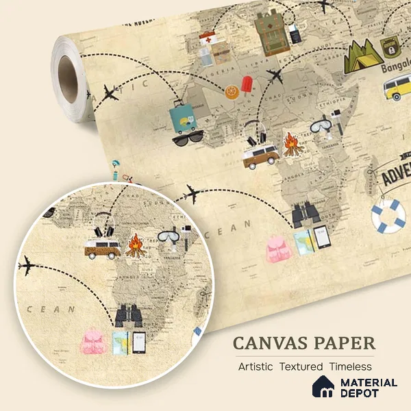 Travel Theme World Map for Kids Rooms Sparkla N Shine Series Canvas Map Design (Customised Size Wallpaper)