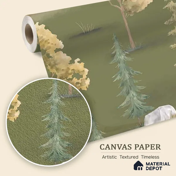 Wildlife Campout in the Jungle Green Canvas Kids Room Wallpaper - 10 Meter x 19.68 Inches, 54 Sq. Ft. (Min. 15% Wastage)
