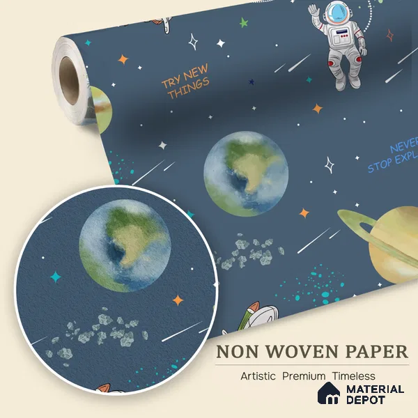Planets of Wonder: Stellar Space Wallpaper, Deep Blue 10 Meter x 19.68 inc Canvas Paper Type Wallpaper -54 Sq. Ft. | Minimum 15% wastage during installation