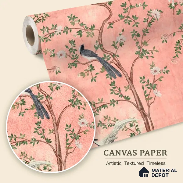 Rosa Chinoiserie, Canvas Pink Color (Customised Size Wallpaper)